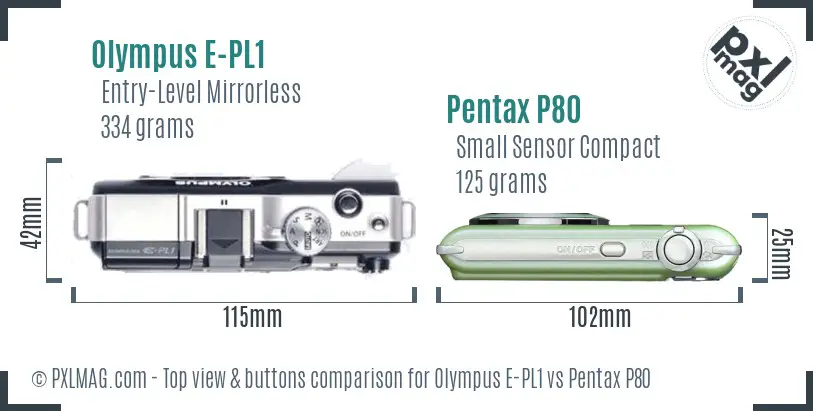 Olympus E-PL1 vs Pentax P80 top view buttons comparison