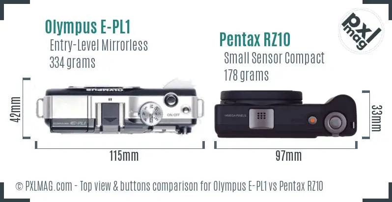 Olympus E-PL1 vs Pentax RZ10 top view buttons comparison