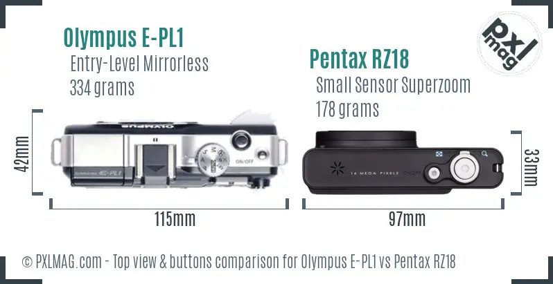 Olympus E-PL1 vs Pentax RZ18 top view buttons comparison
