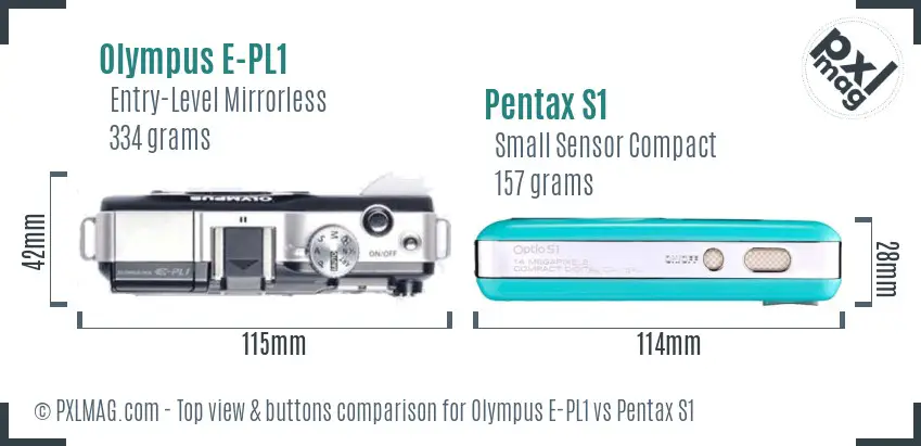 Olympus E-PL1 vs Pentax S1 top view buttons comparison