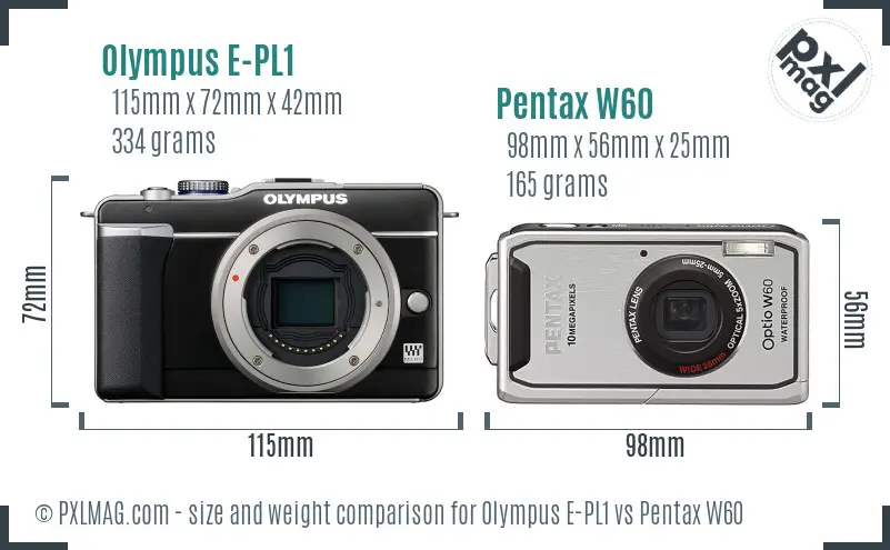 Olympus E-PL1 vs Pentax W60 size comparison