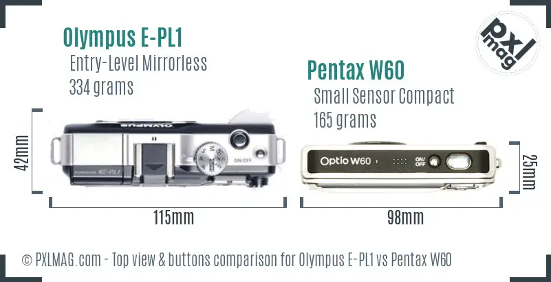 Olympus E-PL1 vs Pentax W60 top view buttons comparison