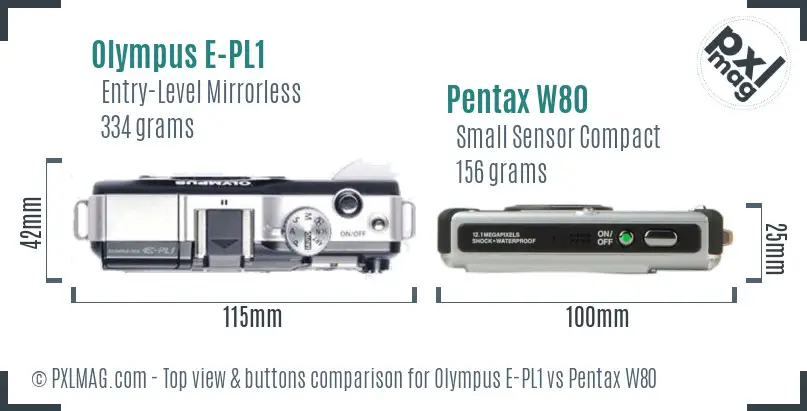 Olympus E-PL1 vs Pentax W80 top view buttons comparison