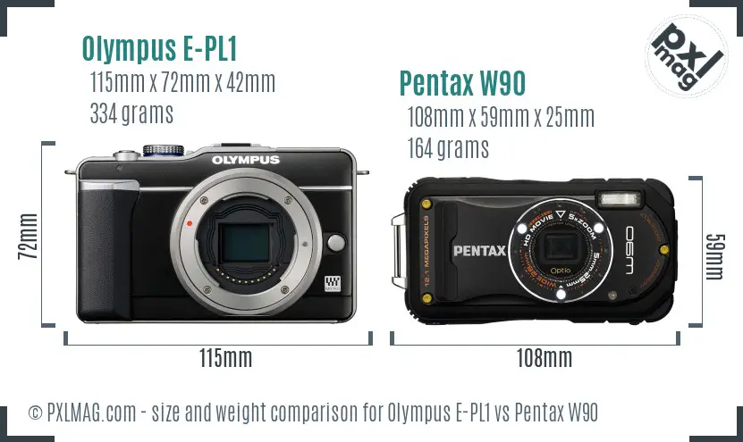 Olympus E-PL1 vs Pentax W90 size comparison