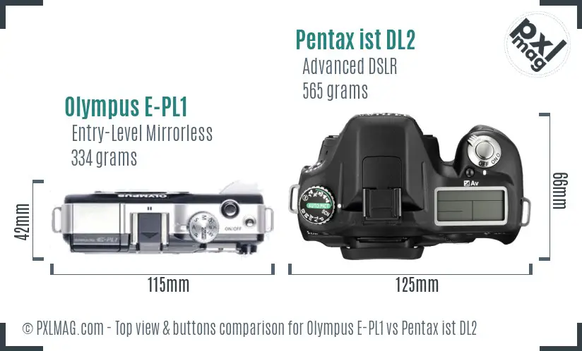 Olympus E-PL1 vs Pentax ist DL2 top view buttons comparison