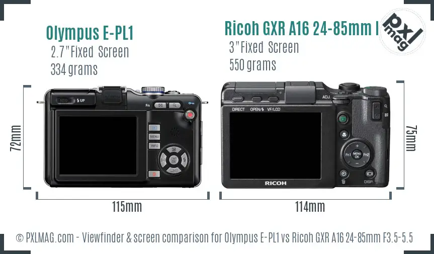 Olympus E-PL1 vs Ricoh GXR A16 24-85mm F3.5-5.5 Screen and Viewfinder comparison Olympus E-PL1 vs Ricoh GXR A16 24-85mm F3.5-5.5 Screen and Viewfinder comparison