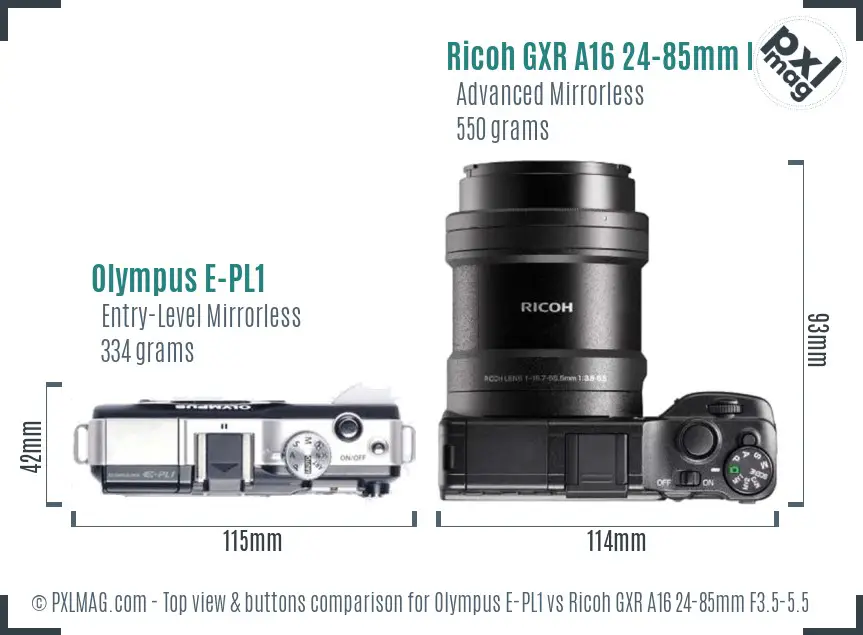 Olympus E-PL1 vs Ricoh GXR A16 24-85mm F3.5-5.5 top view buttons comparison Olympus E-PL1 vs Ricoh GXR A16 24-85mm F3.5-5.5 top view buttons comparison