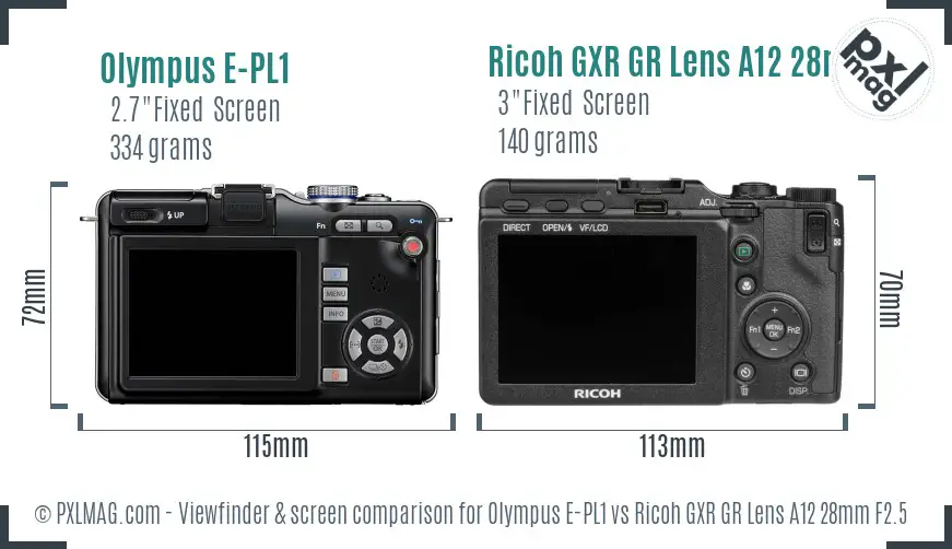 Olympus E-PL1 vs Ricoh GXR GR Lens A12 28mm F2.5 Screen and Viewfinder comparison