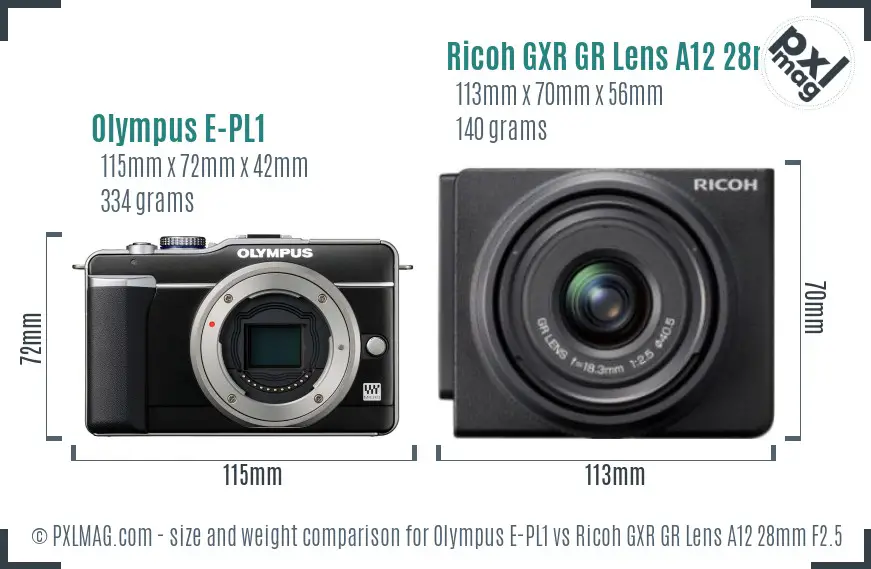 Olympus E-PL1 vs Ricoh GXR GR Lens A12 28mm F2.5 size comparison