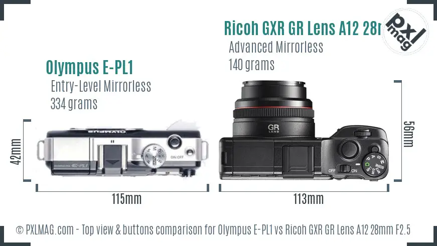 Olympus E-PL1 vs Ricoh GXR GR Lens A12 28mm F2.5 top view buttons comparison
