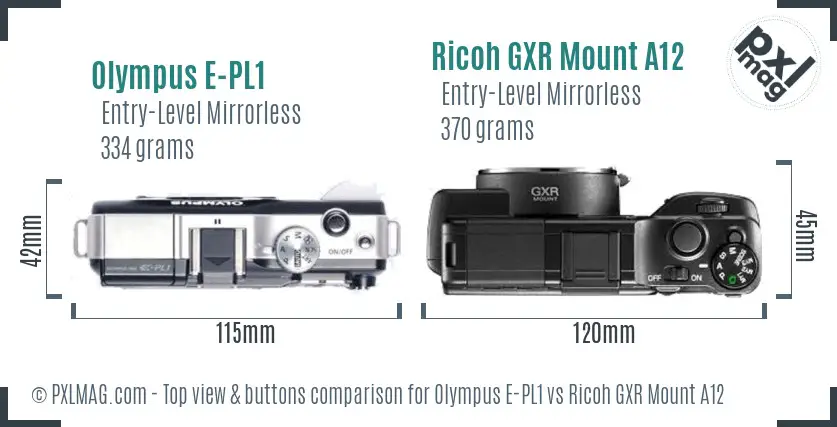 Olympus E-PL1 vs Ricoh GXR Mount A12 top view buttons comparison