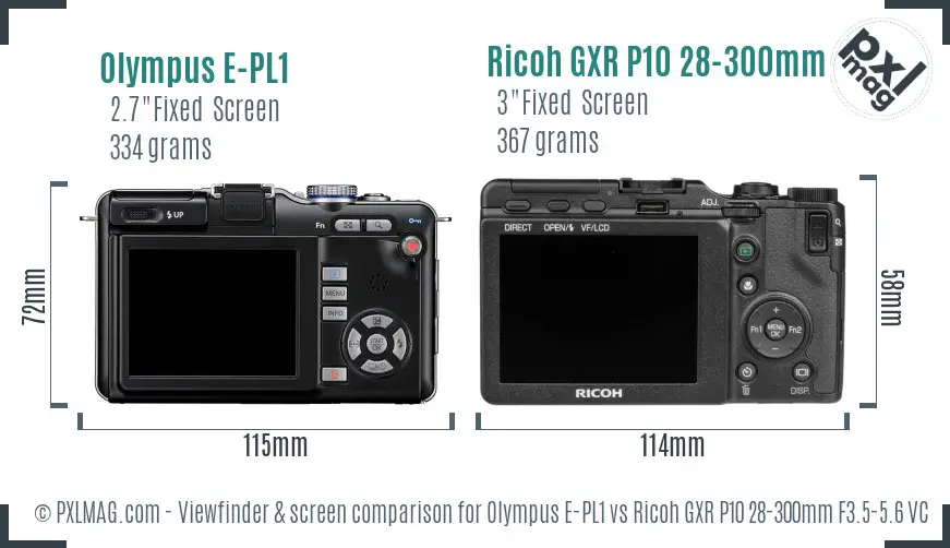 Olympus E-PL1 vs Ricoh GXR P10 28-300mm F3.5-5.6 VC Screen and Viewfinder comparison