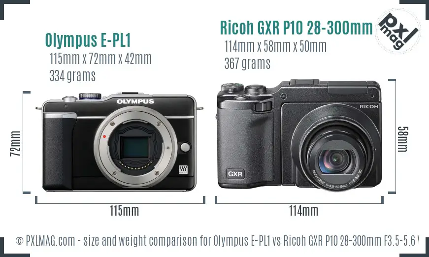 Olympus E-PL1 vs Ricoh GXR P10 28-300mm F3.5-5.6 VC size comparison