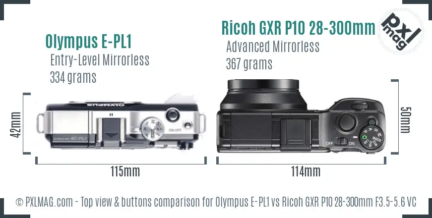 Olympus E-PL1 vs Ricoh GXR P10 28-300mm F3.5-5.6 VC top view buttons comparison
