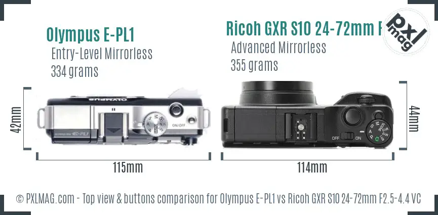 Olympus E-PL1 vs Ricoh GXR S10 24-72mm F2.5-4.4 VC top view buttons comparison