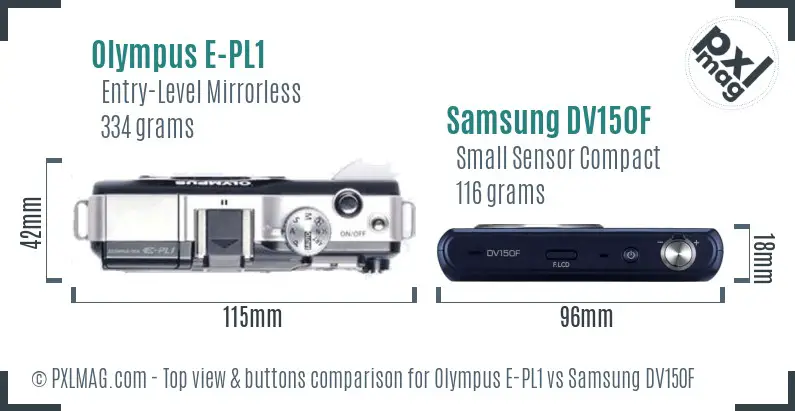 Olympus E-PL1 vs Samsung DV150F top view buttons comparison
