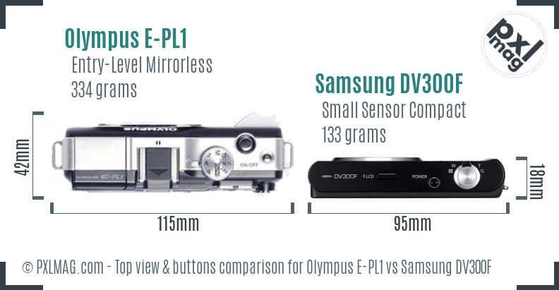 Olympus E-PL1 vs Samsung DV300F top view buttons comparison