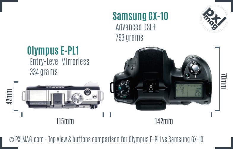 Olympus E-PL1 vs Samsung GX-10 top view buttons comparison