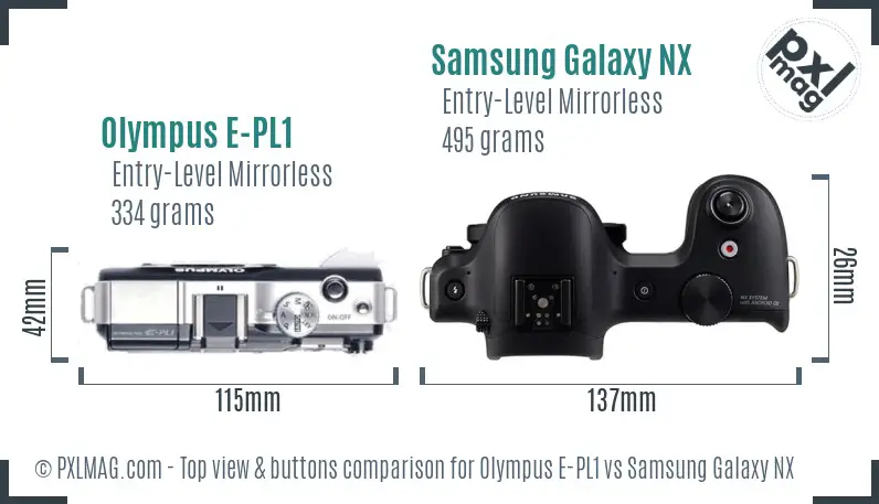 Olympus E-PL1 vs Samsung Galaxy NX top view buttons comparison Olympus E-PL1 vs Samsung Galaxy NX top view buttons comparison