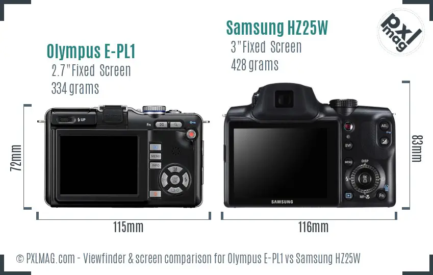 Olympus E-PL1 vs Samsung HZ25W Screen and Viewfinder comparison