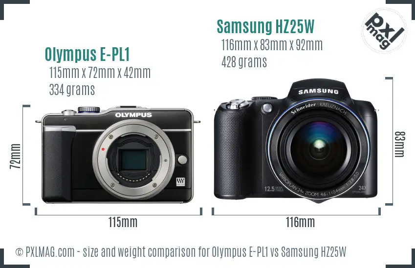 Olympus E-PL1 vs Samsung HZ25W size comparison