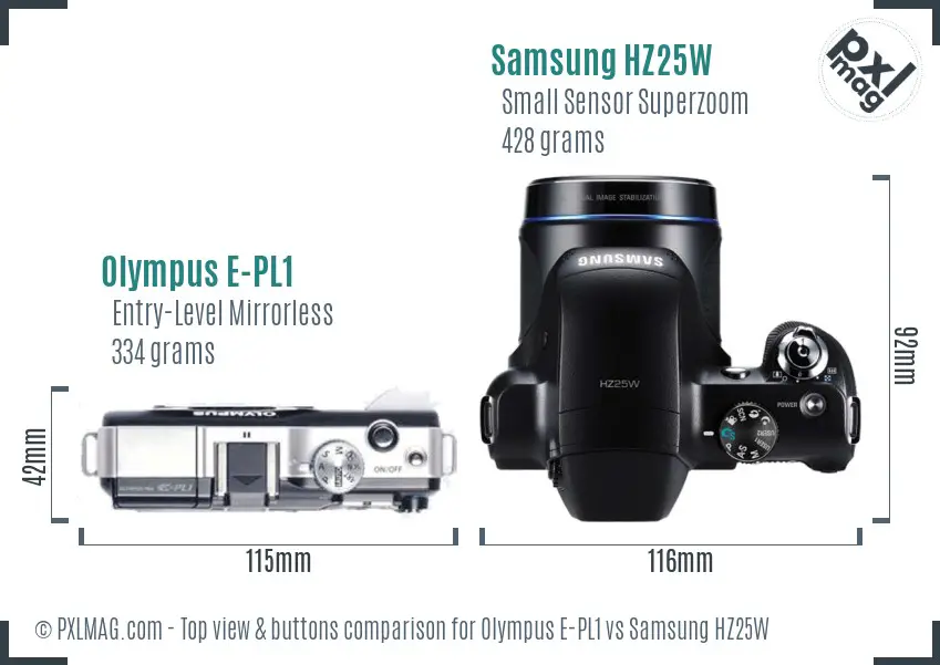 Olympus E-PL1 vs Samsung HZ25W top view buttons comparison