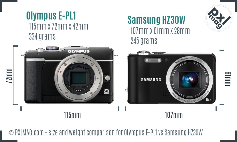 Olympus E-PL1 vs Samsung HZ30W size comparison