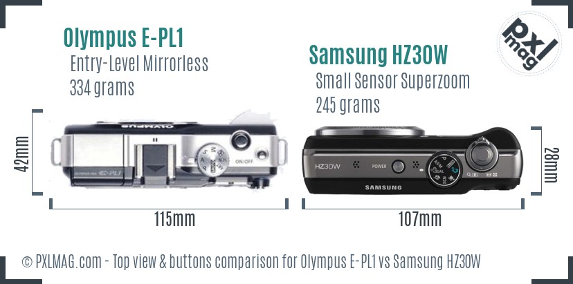 Olympus E-PL1 vs Samsung HZ30W top view buttons comparison