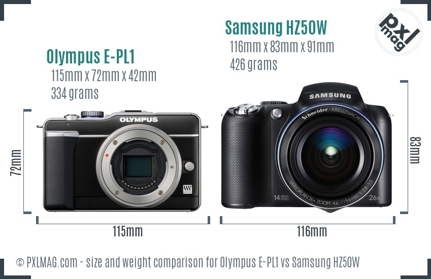 Olympus E-PL1 vs Samsung HZ50W size comparison Olympus E-PL1 vs Samsung HZ50W size comparison