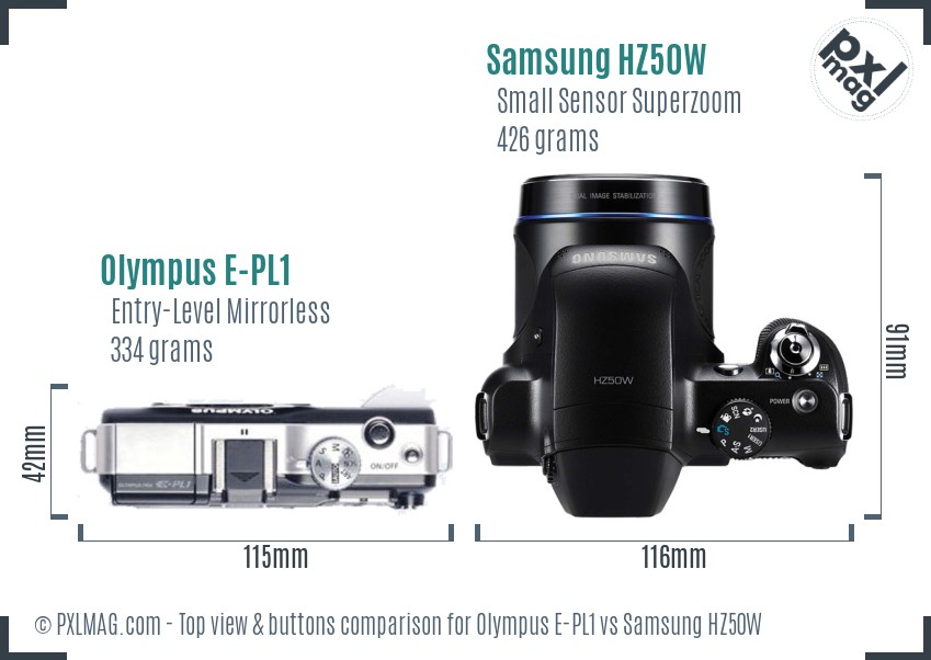 Olympus E-PL1 vs Samsung HZ50W top view buttons comparison