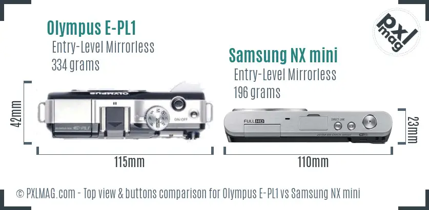 Olympus E-PL1 vs Samsung NX mini top view buttons comparison