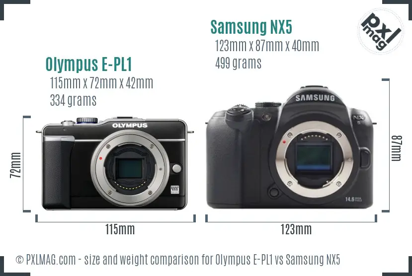 Olympus E-PL1 vs Samsung NX5 size comparison