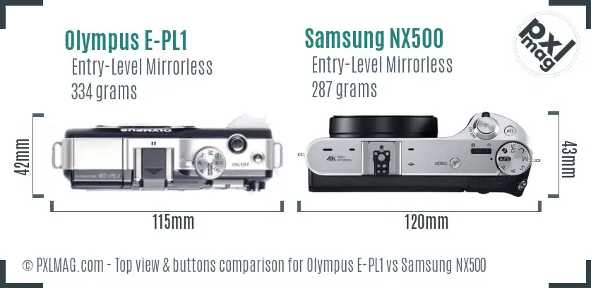 Olympus E-PL1 vs Samsung NX500 top view buttons comparison