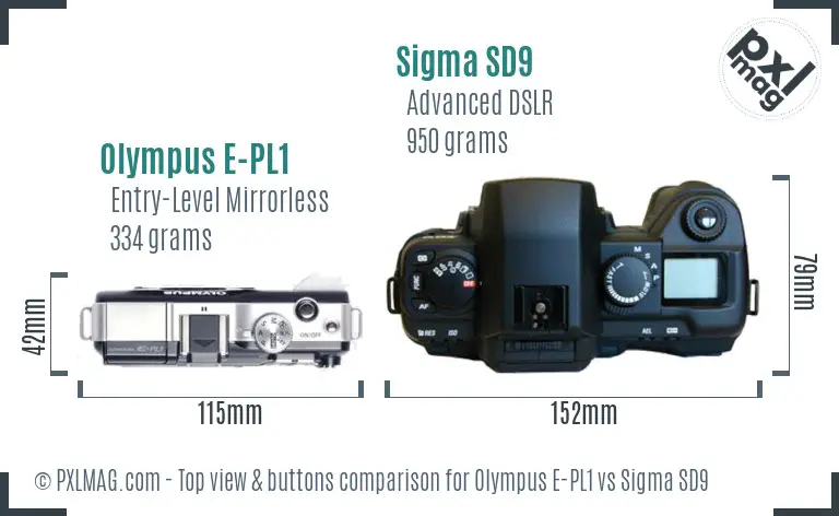 Olympus E-PL1 vs Sigma SD9 top view buttons comparison Olympus E-PL1 vs Sigma SD9 top view buttons comparison