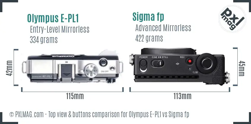 Olympus E-PL1 vs Sigma fp top view buttons comparison