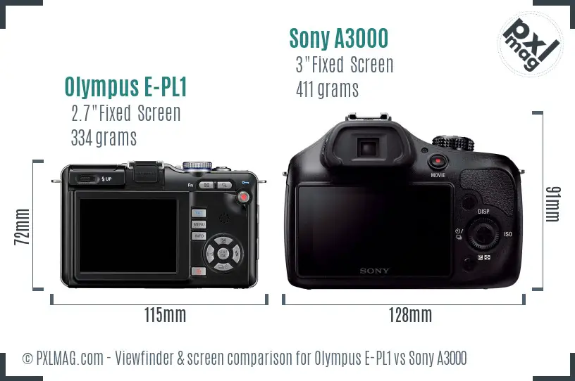 Olympus E-PL1 vs Sony A3000 Screen and Viewfinder comparison