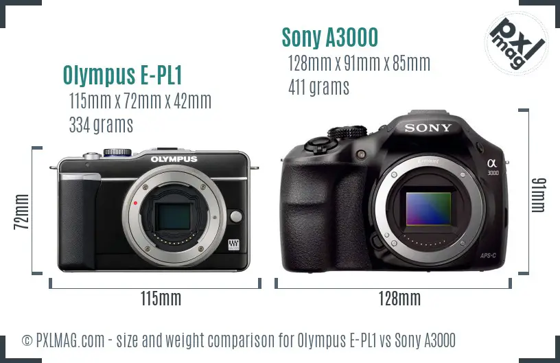 Olympus E-PL1 vs Sony A3000 size comparison