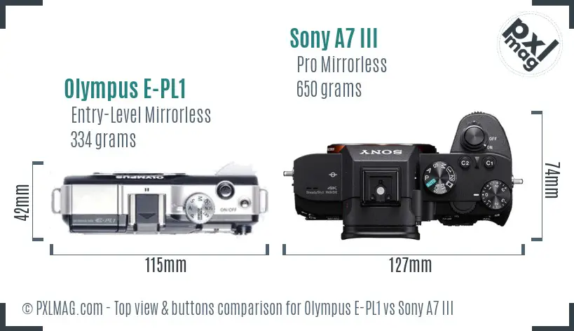 Olympus E-PL1 vs Sony A7 III top view buttons comparison