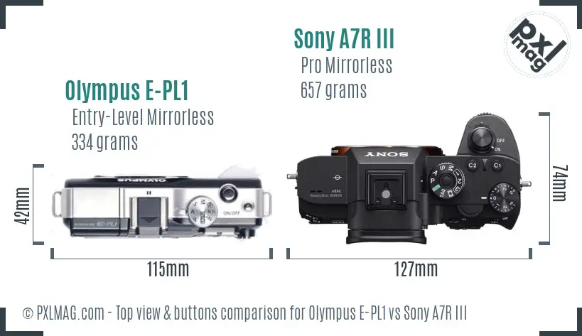 Olympus E-PL1 vs Sony A7R III top view buttons comparison