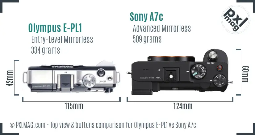 Olympus E-PL1 vs Sony A7c top view buttons comparison