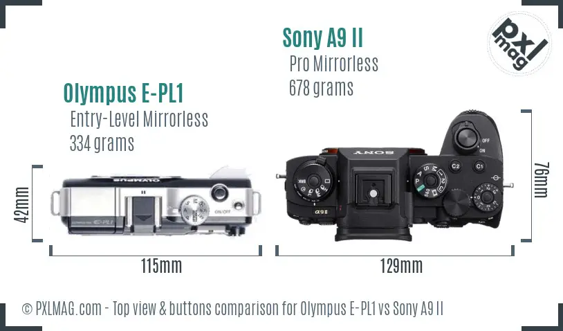 Olympus E-PL1 vs Sony A9 II top view buttons comparison Olympus E-PL1 vs Sony A9 II top view buttons comparison