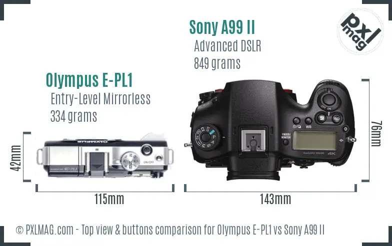 Olympus E-PL1 vs Sony A99 II top view buttons comparison