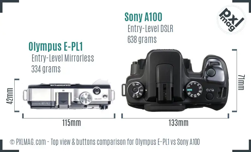 Olympus E-PL1 vs Sony A100 top view buttons comparison