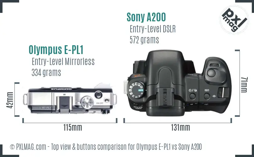 Olympus E-PL1 vs Sony A200 top view buttons comparison