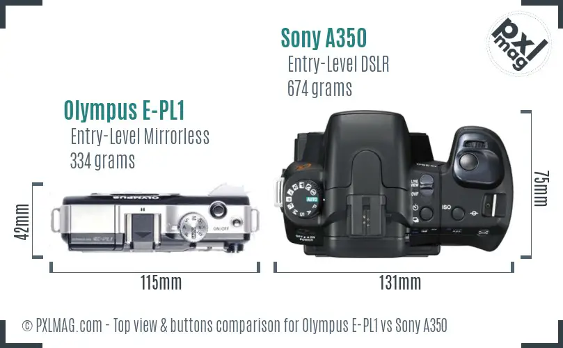 Olympus E-PL1 vs Sony A350 top view buttons comparison