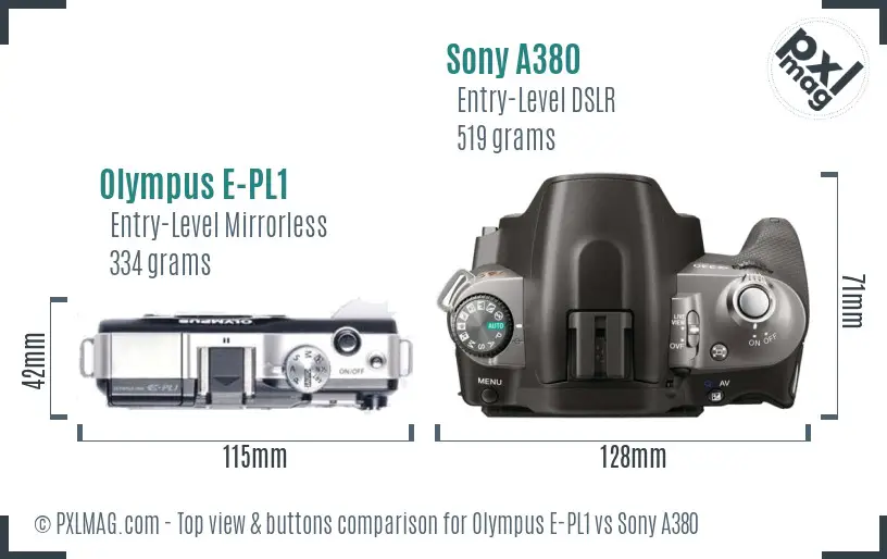 Olympus E-PL1 vs Sony A380 top view buttons comparison