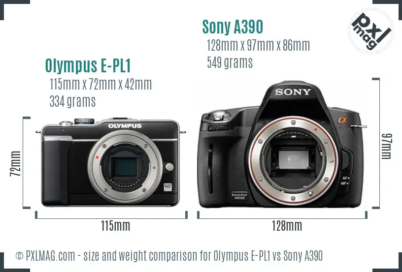 Olympus E-PL1 vs Sony A390 size comparison