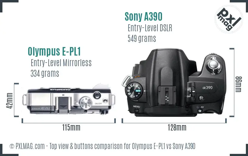 Olympus E-PL1 vs Sony A390 top view buttons comparison