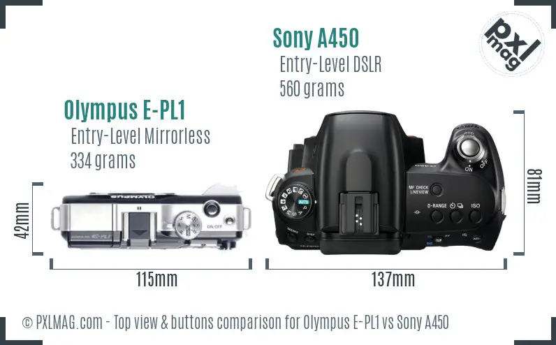 Olympus E-PL1 vs Sony A450 top view buttons comparison