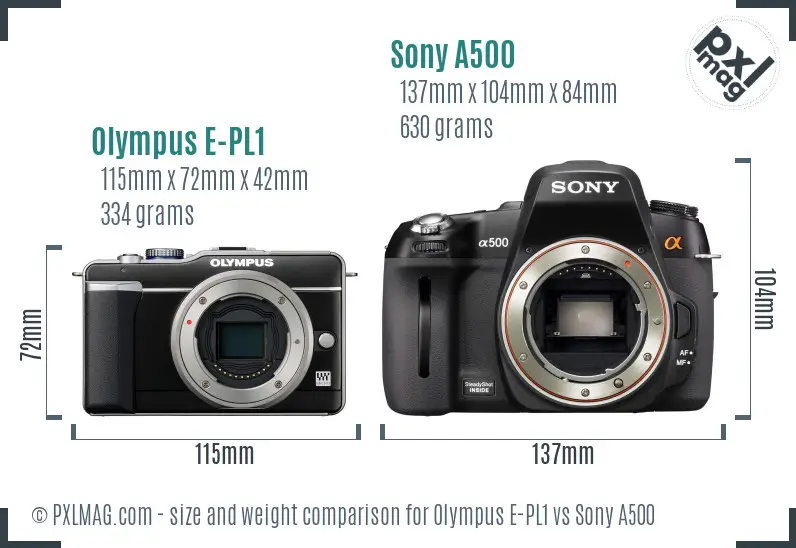 Olympus E-PL1 vs Sony A500 size comparison